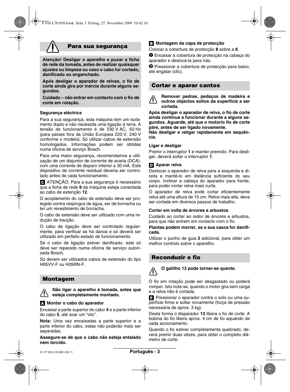 Para sua segurança, Montagem, Cortar e aparar cantos reconduzir o fio | Bosch ART 23 EASYTRIM User Manual | Page 31 / 164
