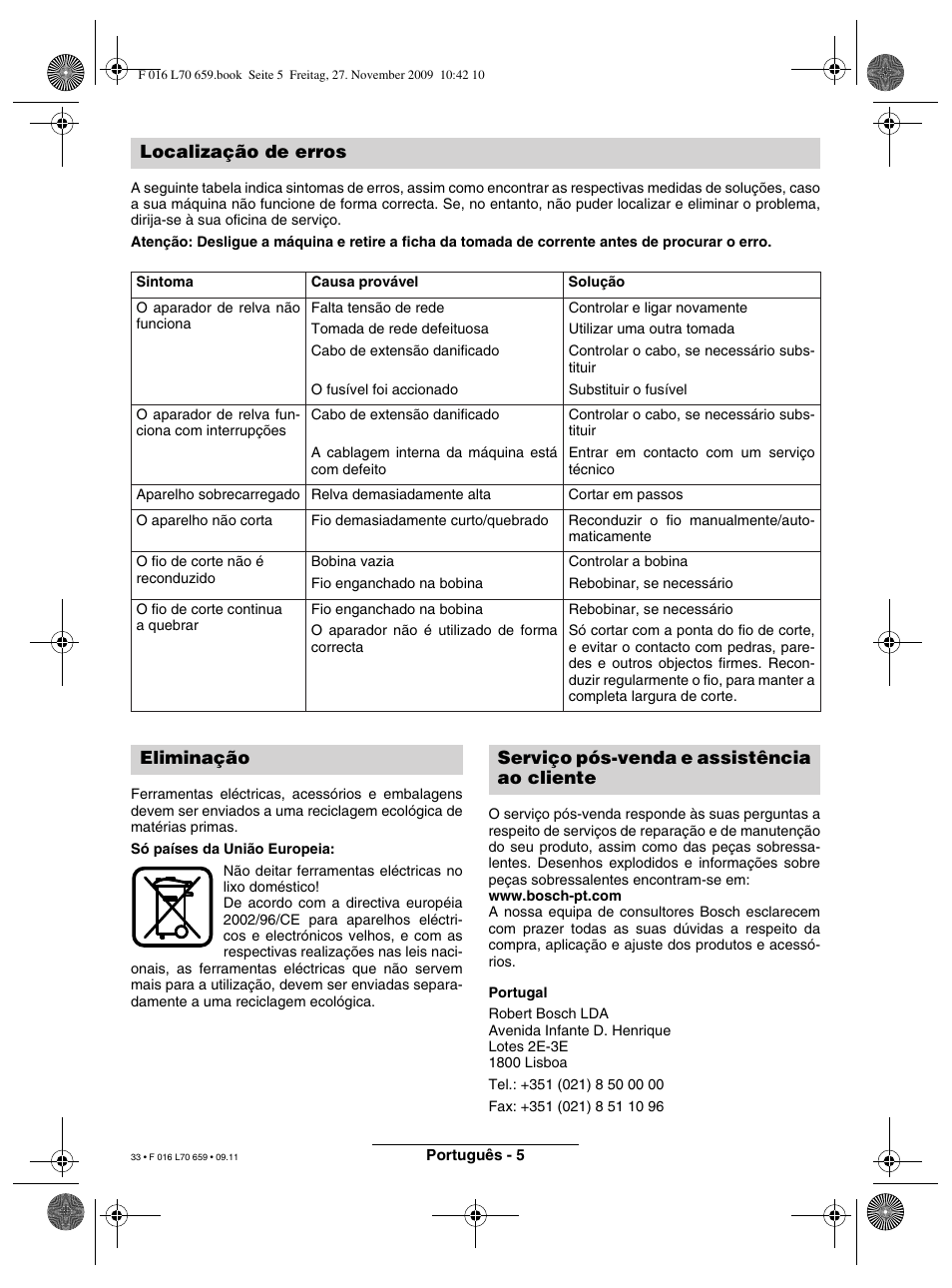 Localização de erros | Bosch ART 23 EASYTRIM User Manual | Page 33 / 164
