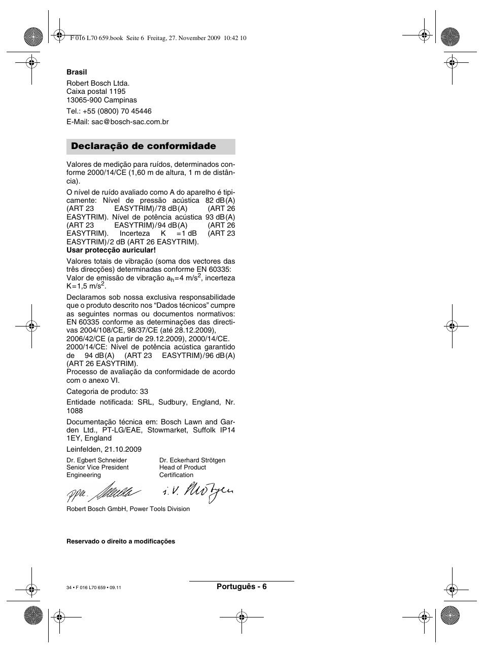 Declaração de conformidade | Bosch ART 23 EASYTRIM User Manual | Page 34 / 164