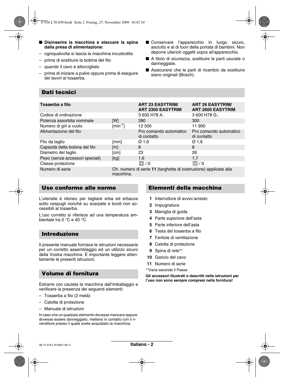 Dati tecnici | Bosch ART 23 EASYTRIM User Manual | Page 36 / 164