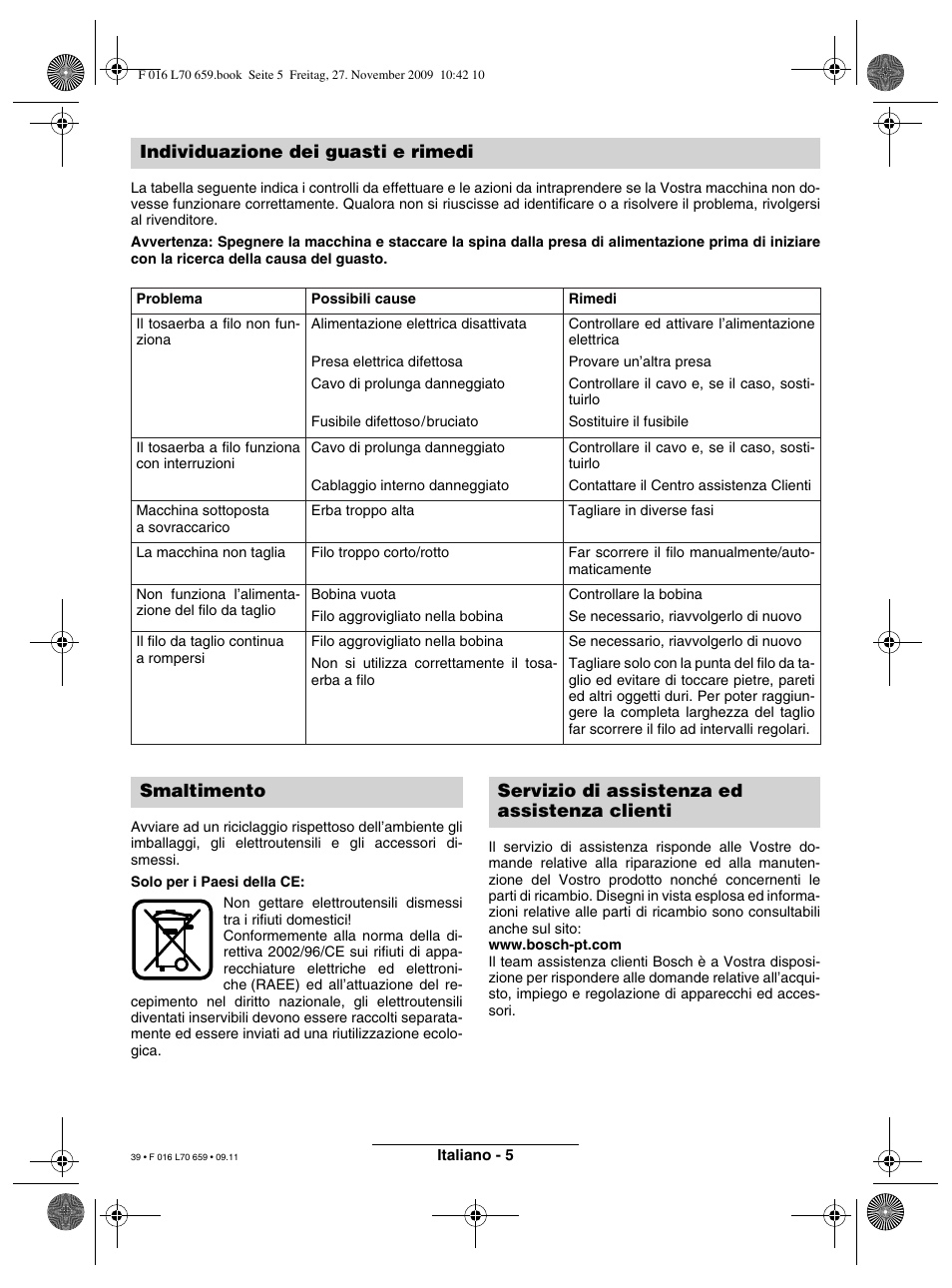 Individuazione dei guasti e rimedi | Bosch ART 23 EASYTRIM User Manual | Page 39 / 164