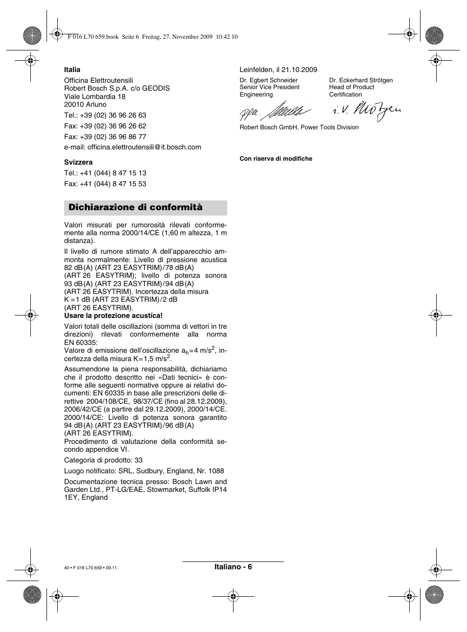 Dichiarazione di conformità | Bosch ART 23 EASYTRIM User Manual | Page 40 / 164