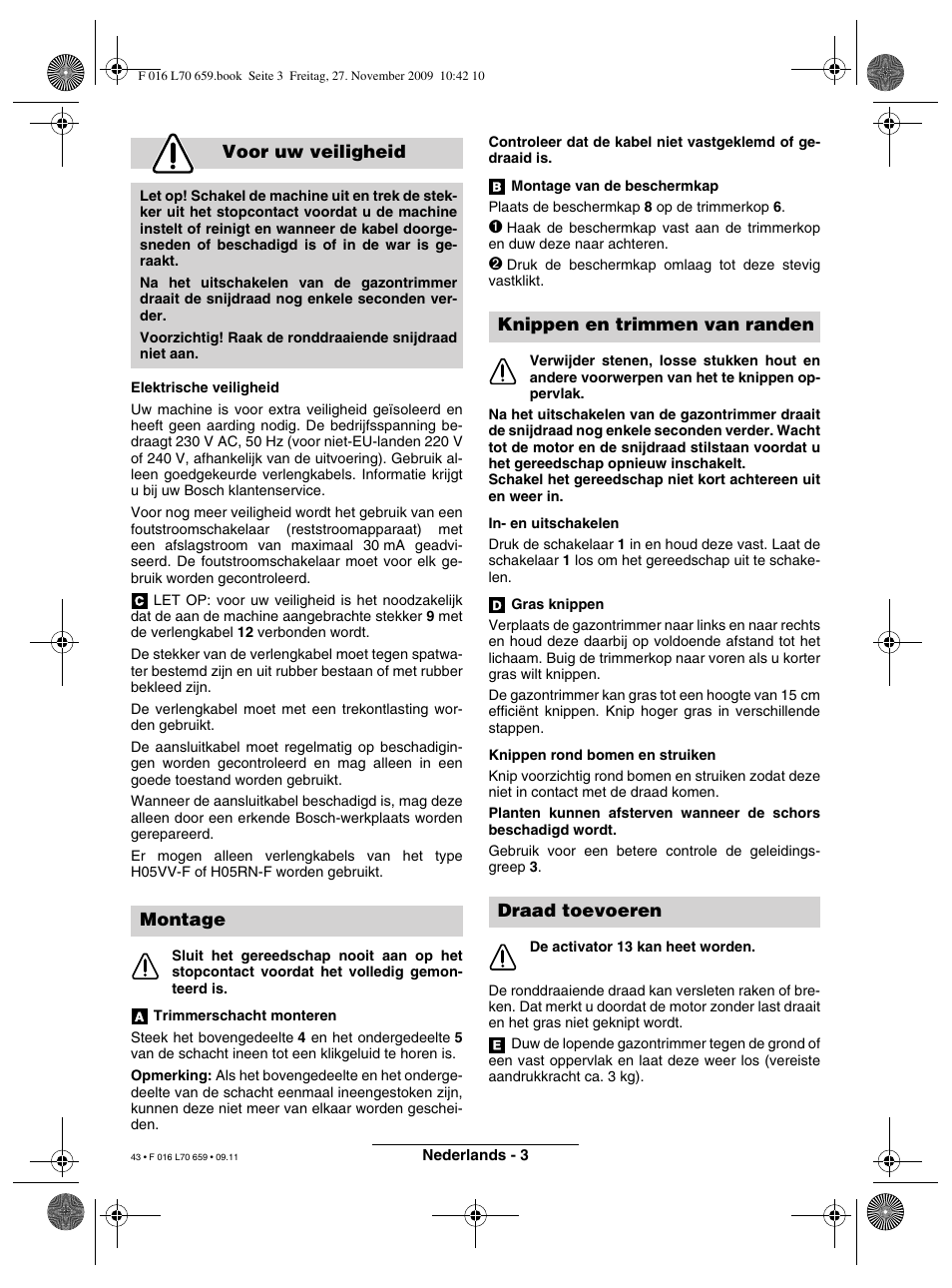 Voor uw veiligheid, Montage, Knippen en trimmen van randen draad toevoeren | Bosch ART 23 EASYTRIM User Manual | Page 43 / 164