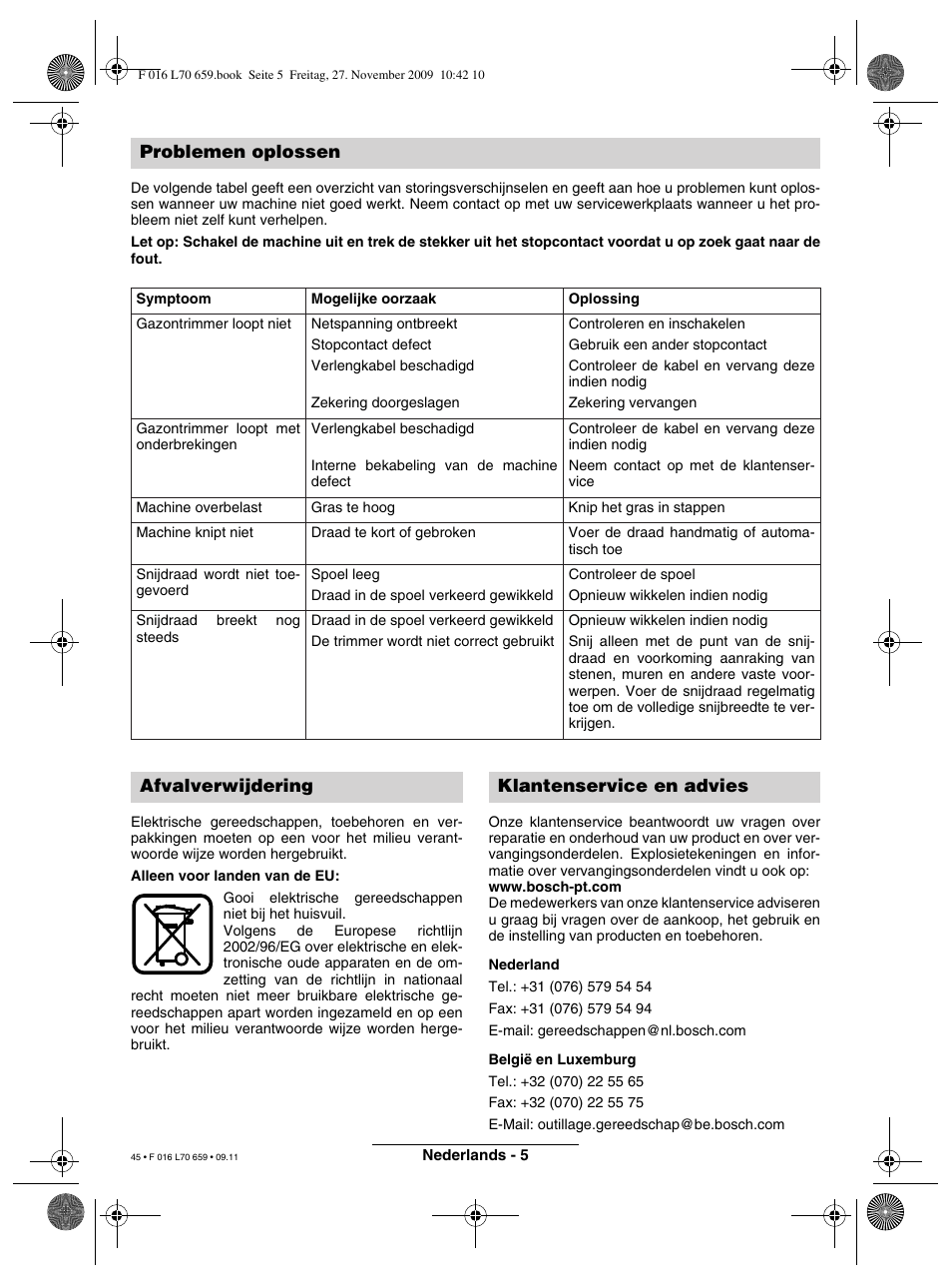 Problemen oplossen, Afvalverwijdering klantenservice en advies | Bosch ART 23 EASYTRIM User Manual | Page 45 / 164