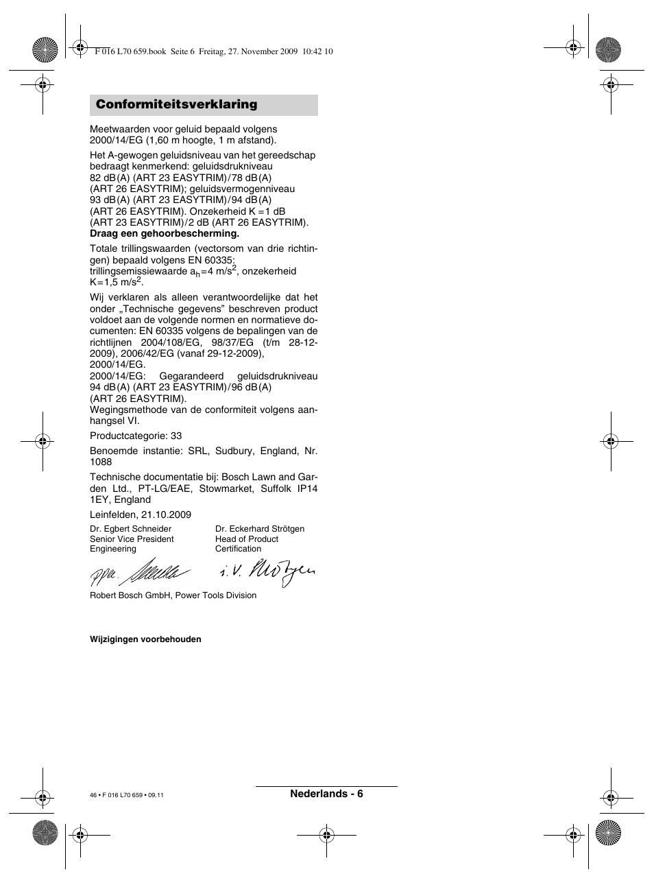 Conformiteitsverklaring | Bosch ART 23 EASYTRIM User Manual | Page 46 / 164