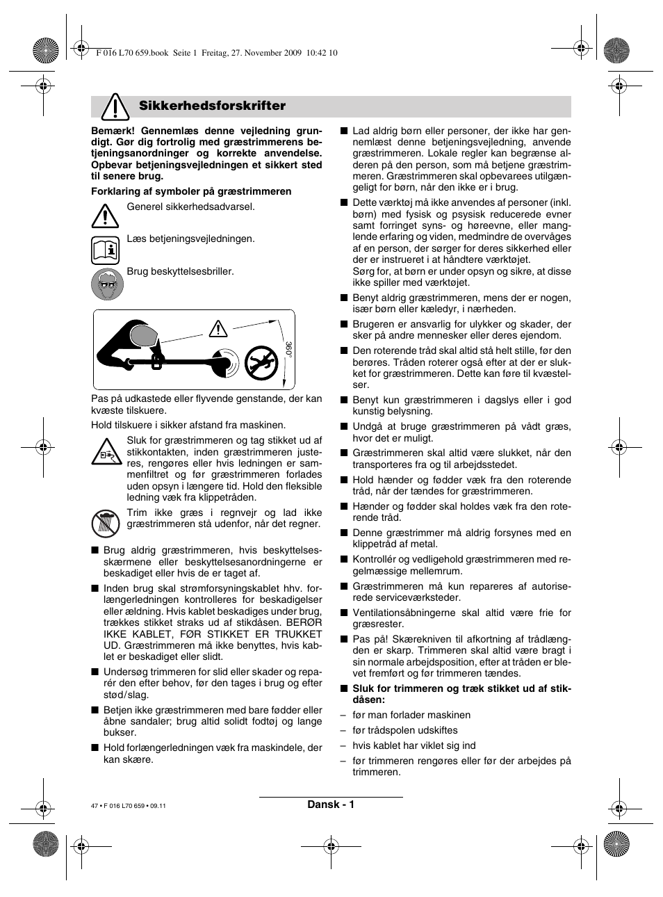 Sikkerhedsforskrifter | Bosch ART 23 EASYTRIM User Manual | Page 47 / 164