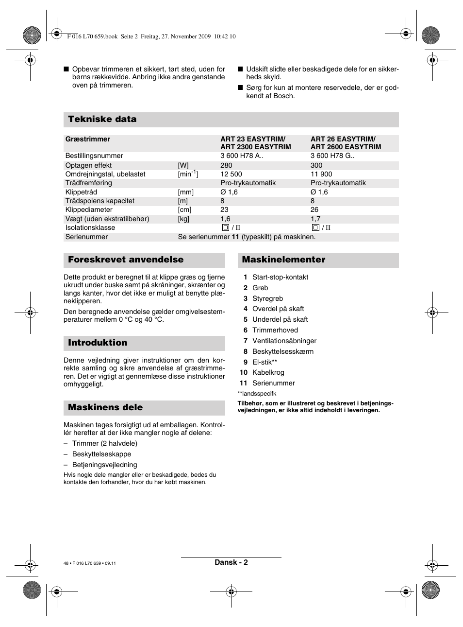 Tekniske data | Bosch ART 23 EASYTRIM User Manual | Page 48 / 164