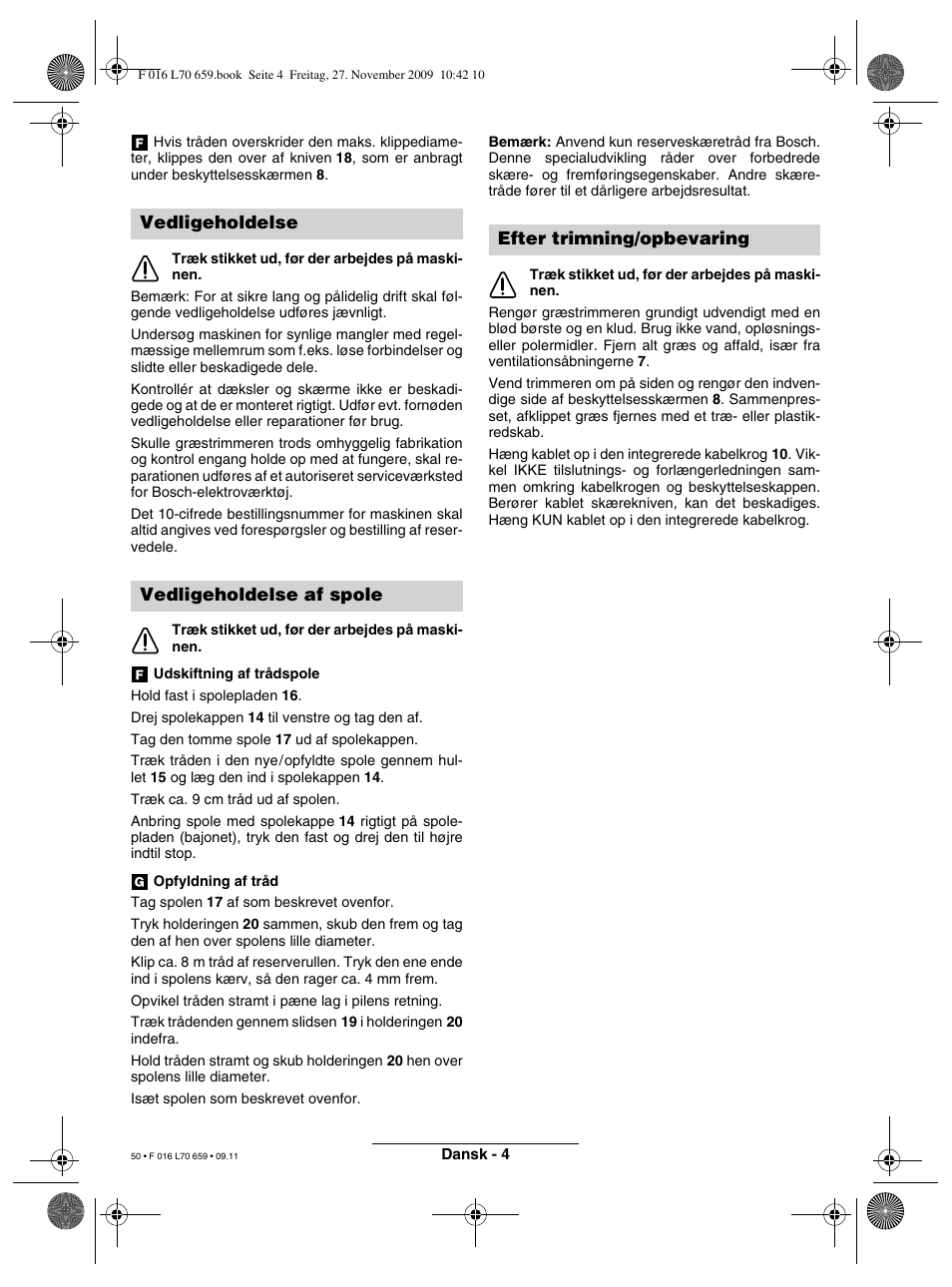 Vedligeholdelse vedligeholdelse af spole, Efter trimning/opbevaring | Bosch ART 23 EASYTRIM User Manual | Page 50 / 164