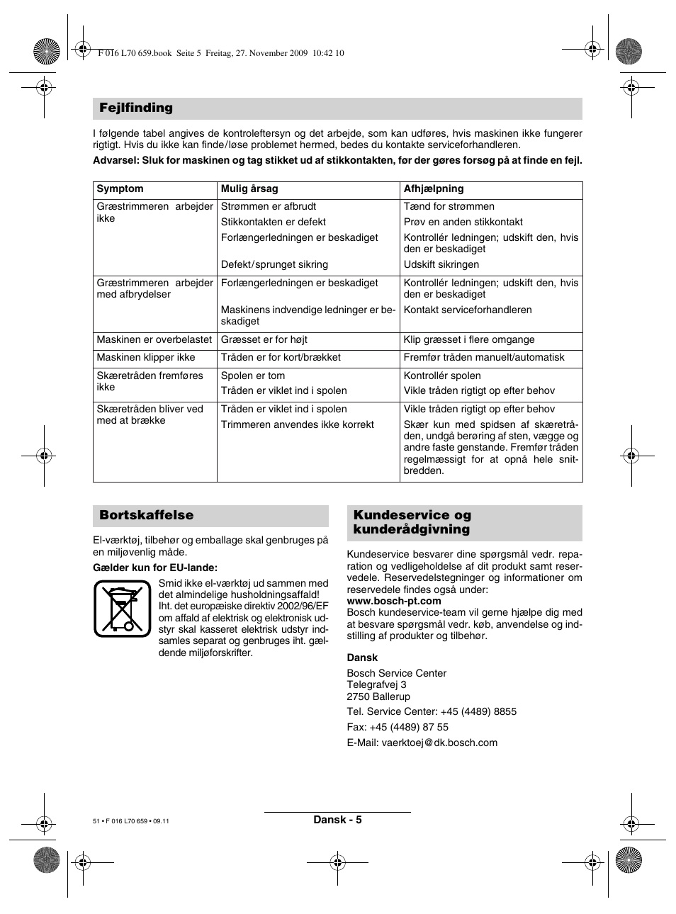 Fejlfinding, Bortskaffelse kundeservice og kunderådgivning | Bosch ART 23 EASYTRIM User Manual | Page 51 / 164