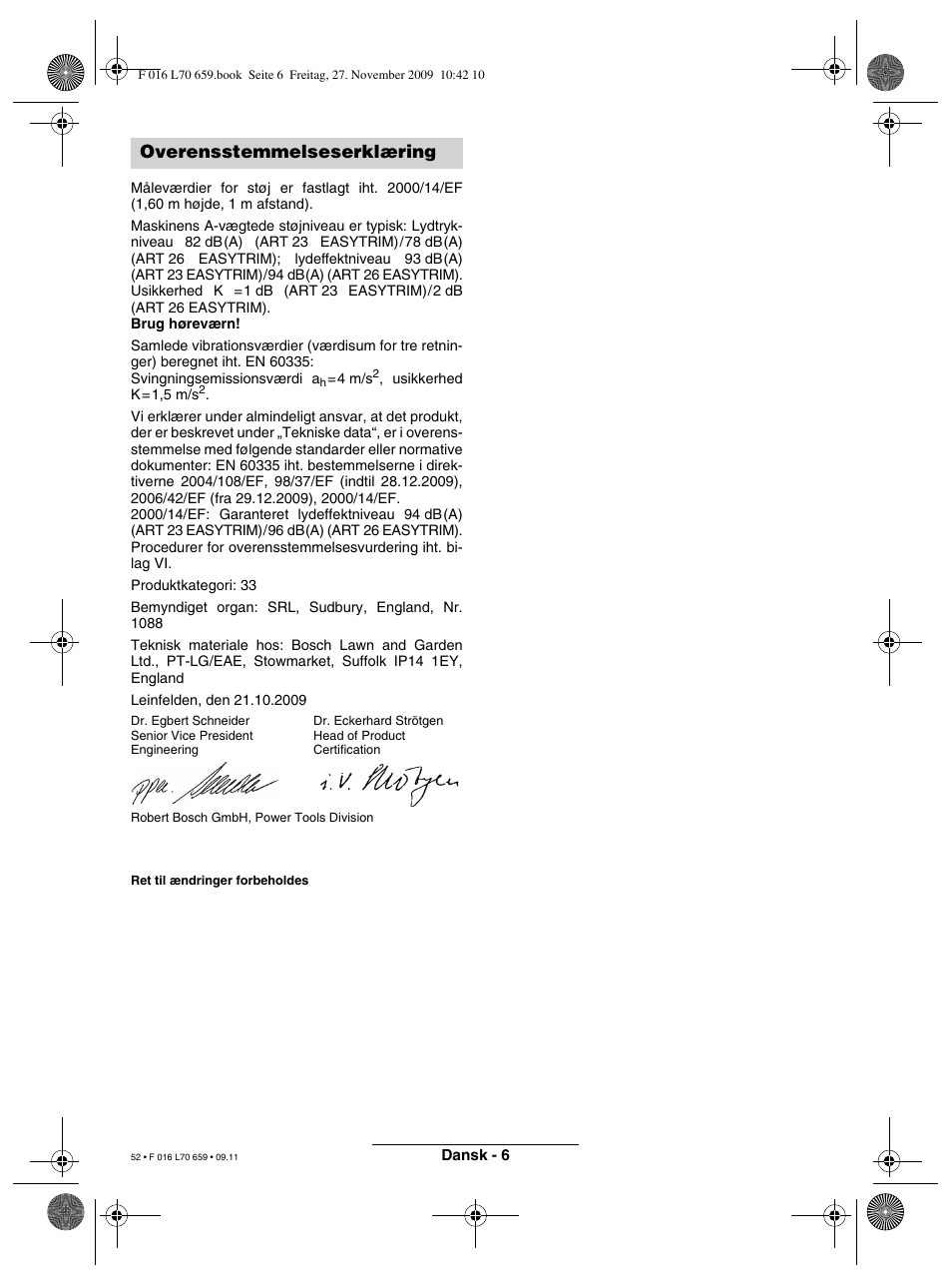 Overensstemmelseserklæring | Bosch ART 23 EASYTRIM User Manual | Page 52 / 164