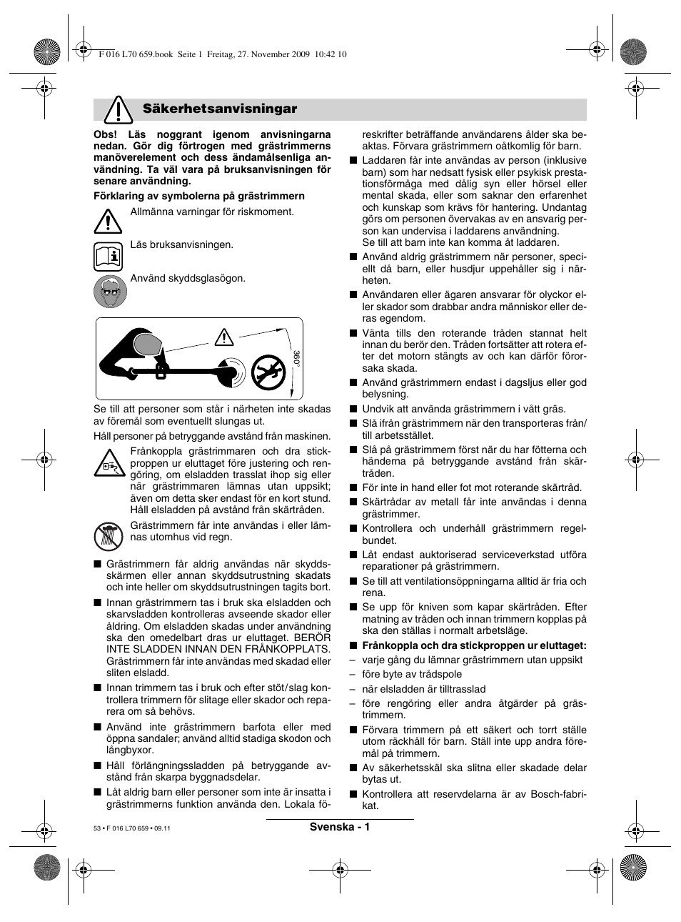 Säkerhetsanvisningar | Bosch ART 23 EASYTRIM User Manual | Page 53 / 164
