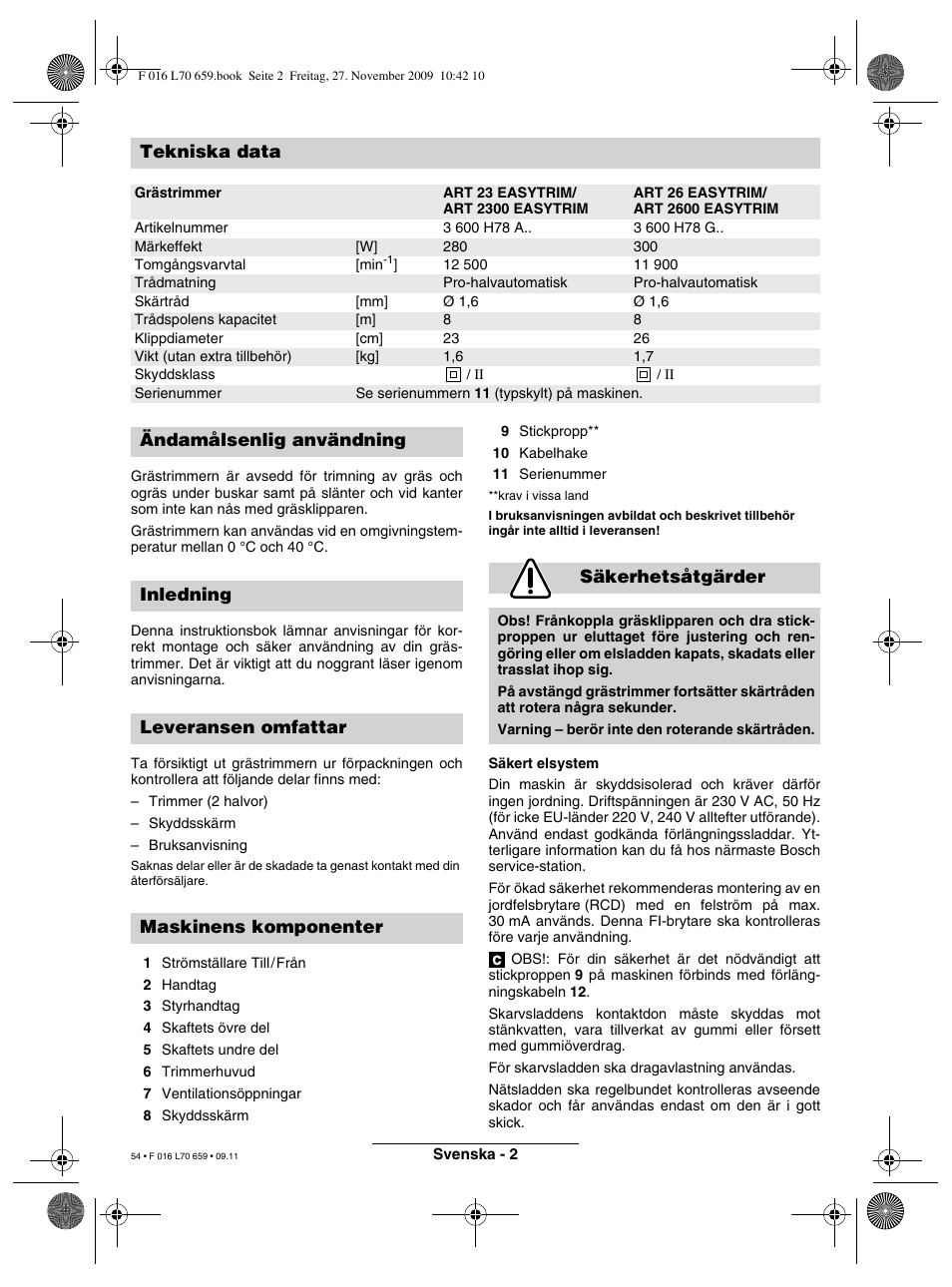 Tekniska data | Bosch ART 23 EASYTRIM User Manual | Page 54 / 164