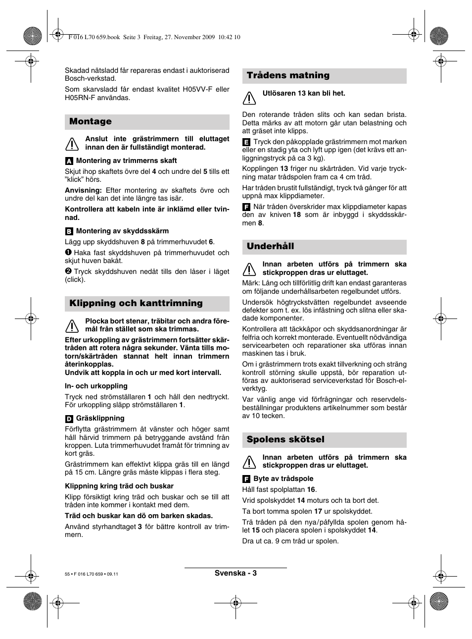 Montage klippning och kanttrimning, Trådens matning underhåll spolens skötsel | Bosch ART 23 EASYTRIM User Manual | Page 55 / 164