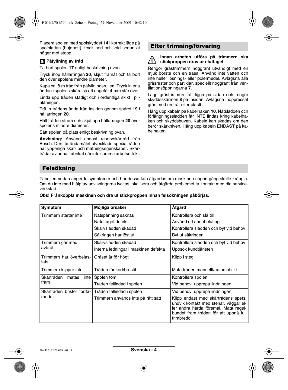 Efter trimning/förvaring felsökning | Bosch ART 23 EASYTRIM User Manual | Page 56 / 164
