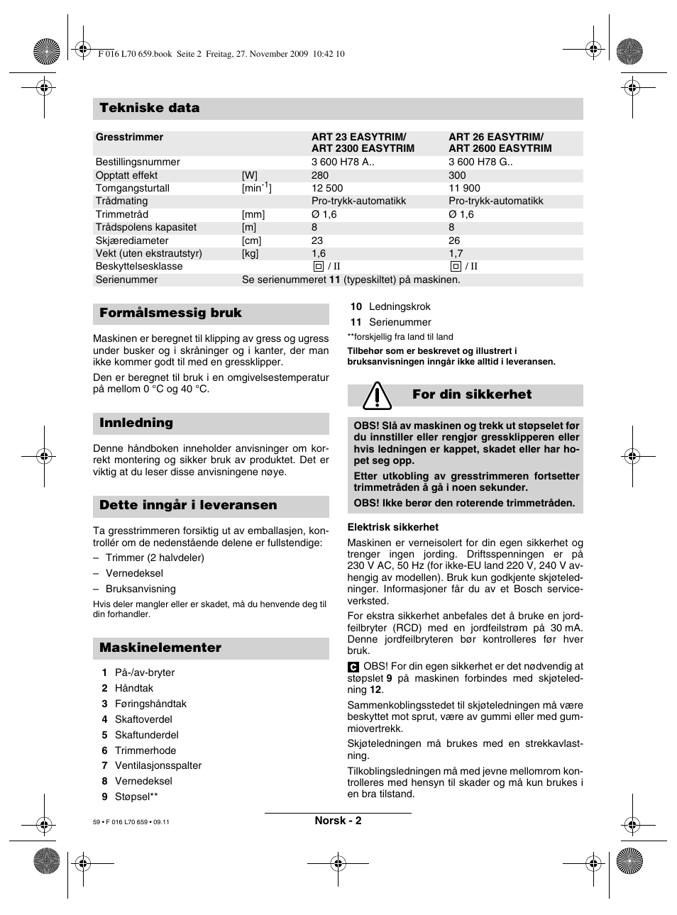 Tekniske data | Bosch ART 23 EASYTRIM User Manual | Page 59 / 164