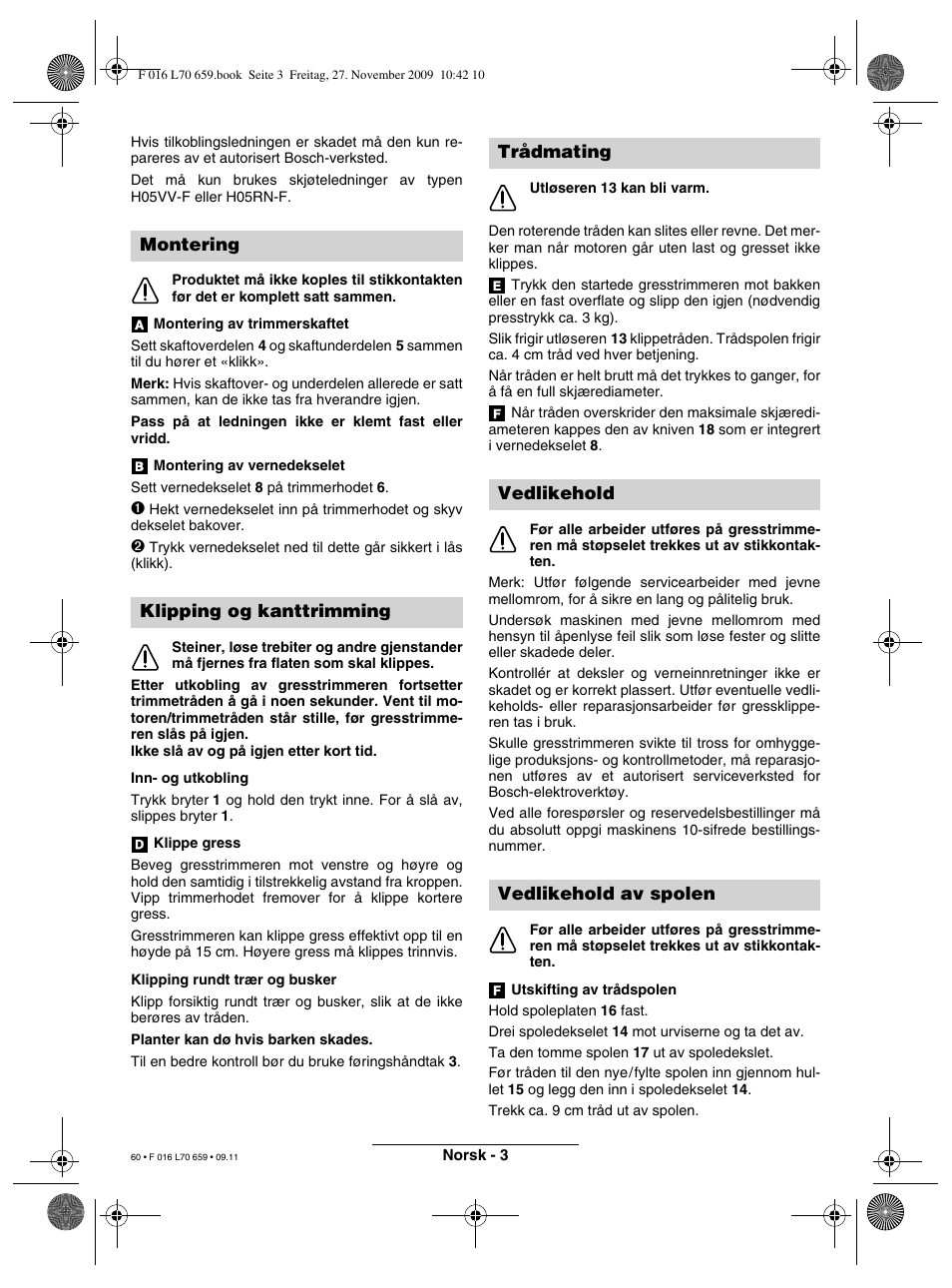 Montering klipping og kanttrimming, Trådmating vedlikehold vedlikehold av spolen | Bosch ART 23 EASYTRIM User Manual | Page 60 / 164