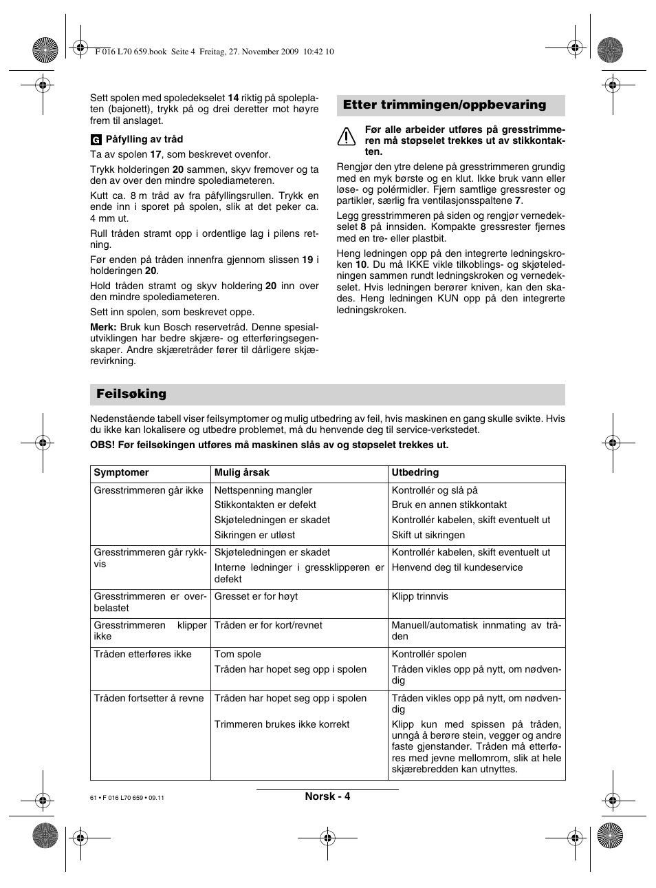 Etter trimmingen/oppbevaring feilsøking | Bosch ART 23 EASYTRIM User Manual | Page 61 / 164