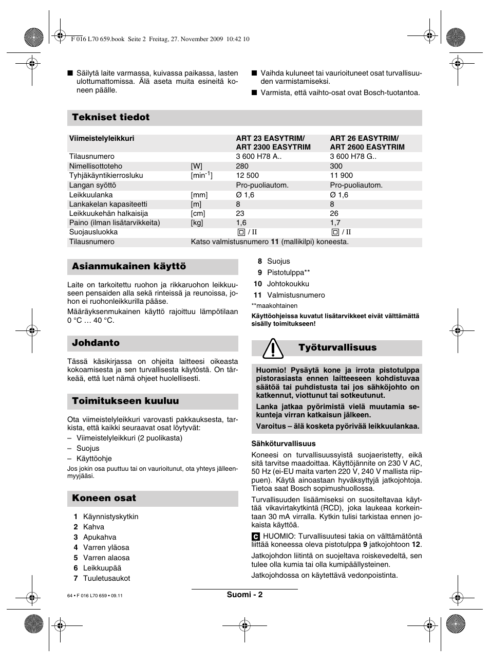 Tekniset tiedot | Bosch ART 23 EASYTRIM User Manual | Page 64 / 164