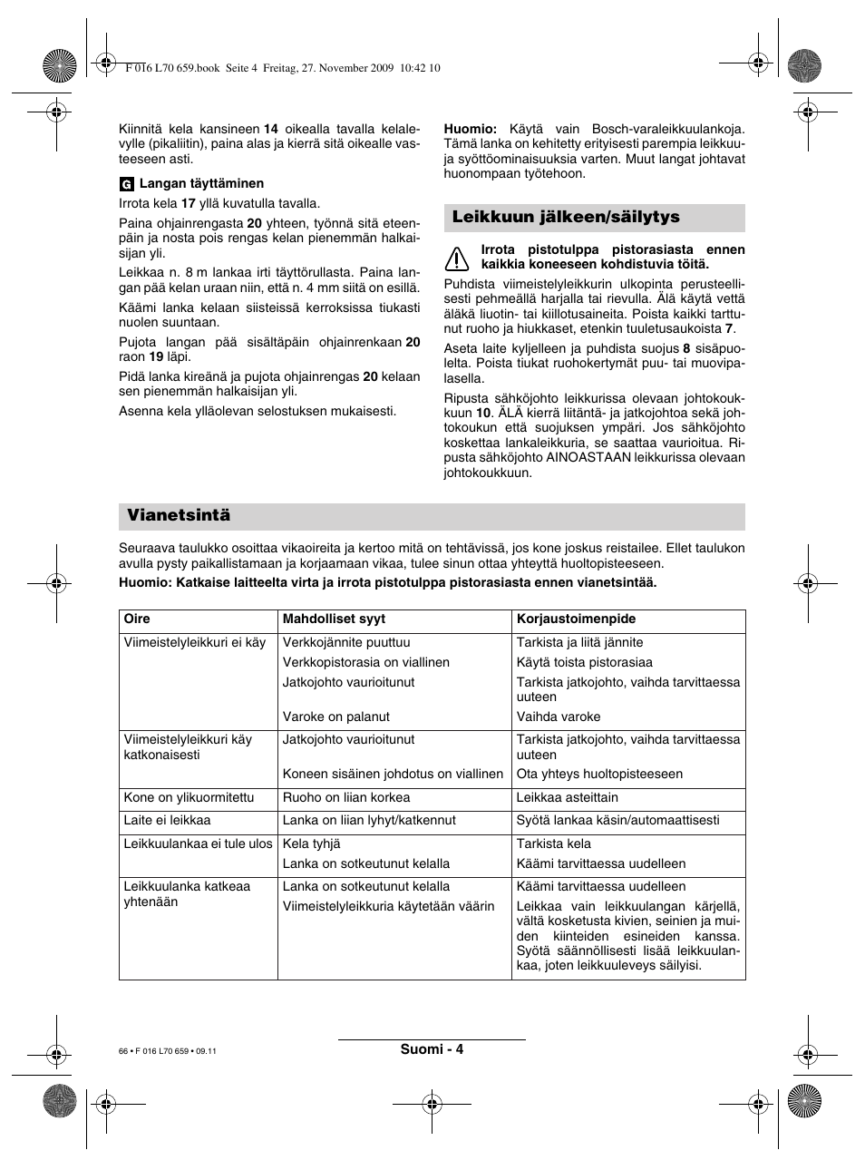 Leikkuun jälkeen/säilytys vianetsintä | Bosch ART 23 EASYTRIM User Manual | Page 66 / 164