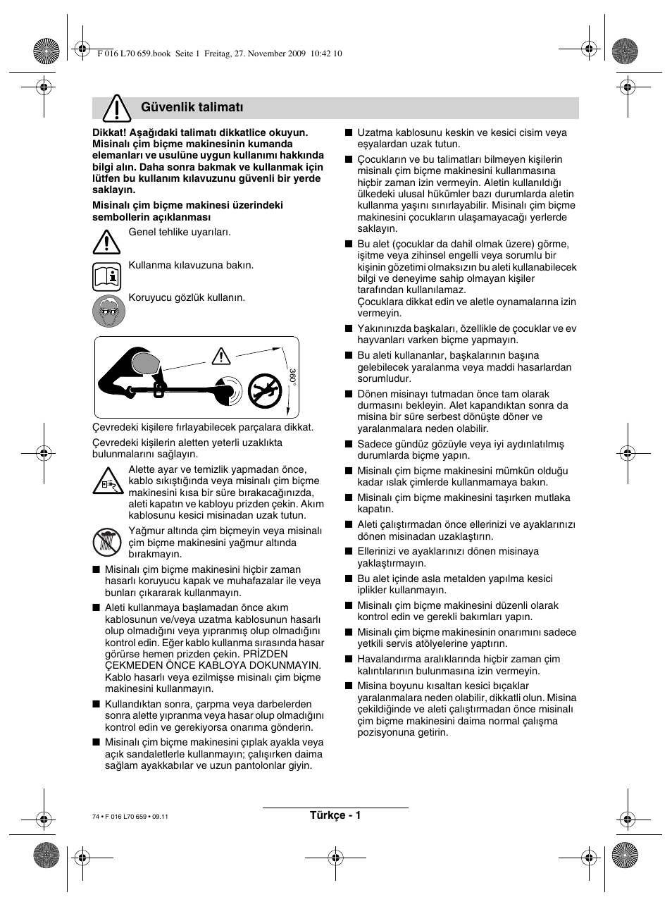 Güvenlik talimat | Bosch ART 23 EASYTRIM User Manual | Page 74 / 164