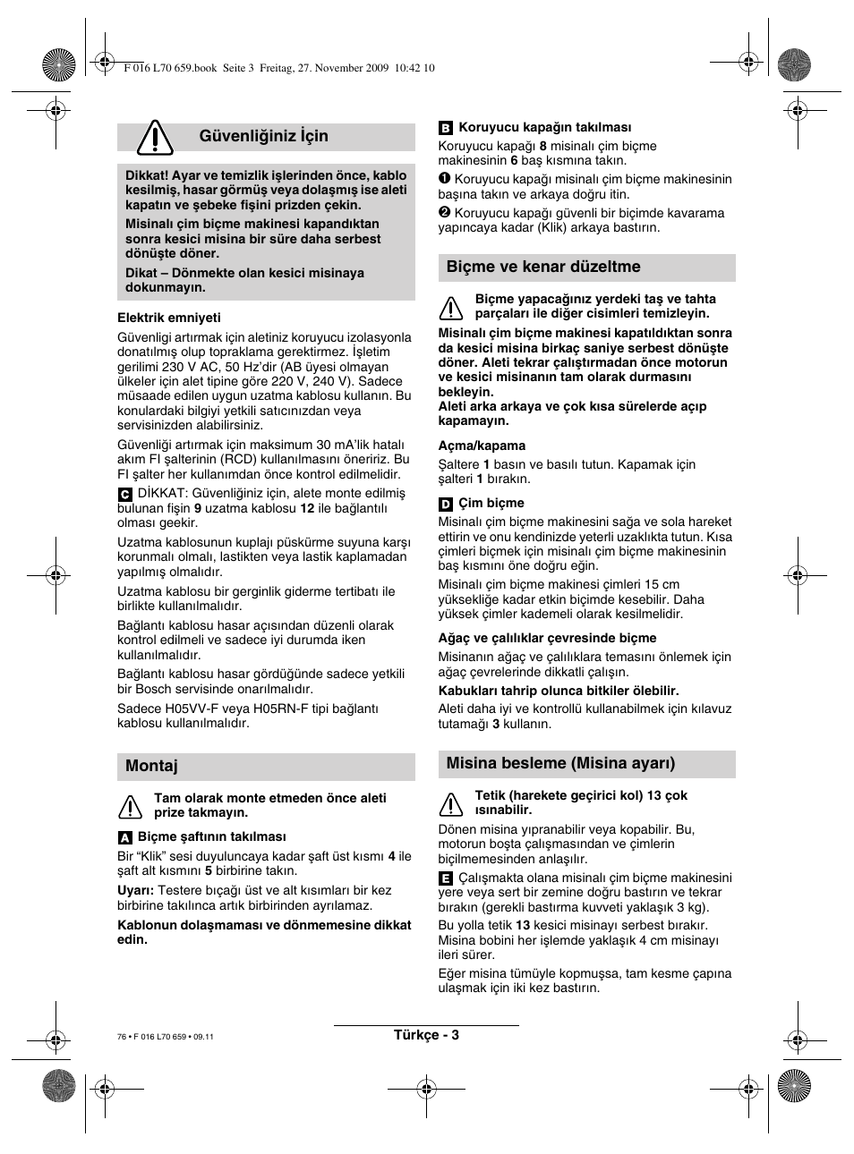 Güvenliπiniz ∑çin, Montaj | Bosch ART 23 EASYTRIM User Manual | Page 76 / 164