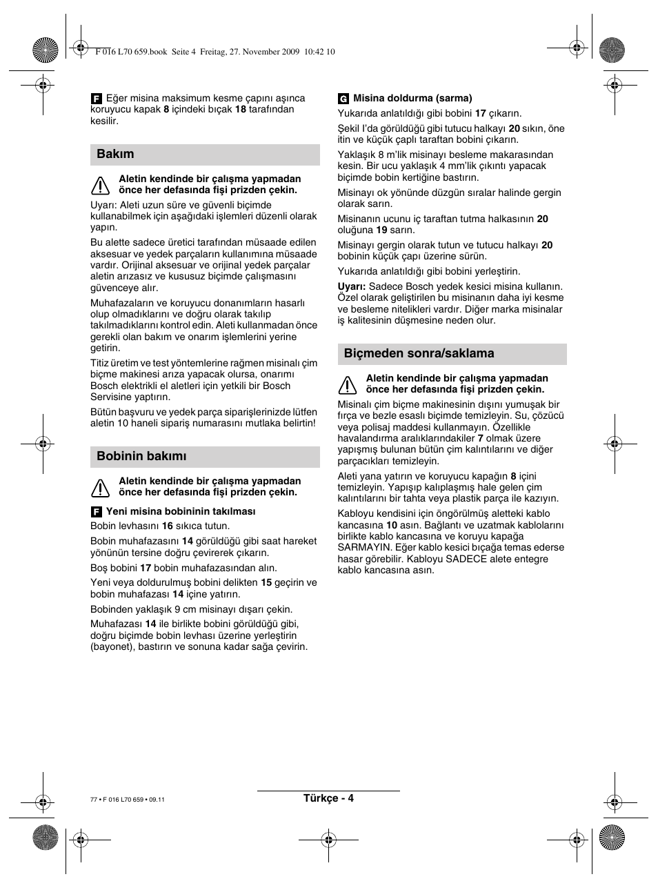 Bak∂m bobinin bak∂m, Biçmeden sonra/saklama | Bosch ART 23 EASYTRIM User Manual | Page 77 / 164