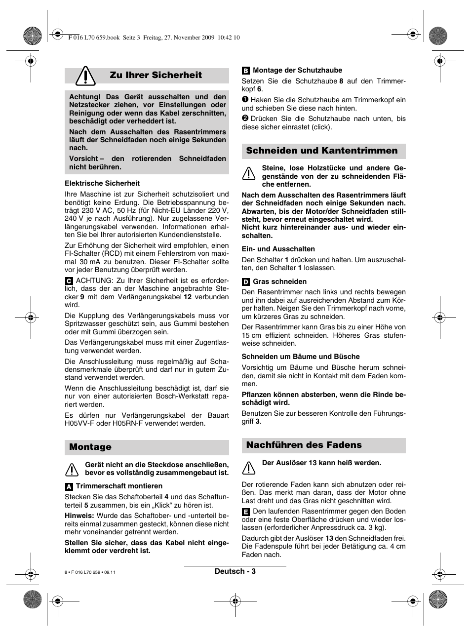 Zu ihrer sicherheit, Montage, Schneiden und kantentrimmen nachführen des fadens | Bosch ART 23 EASYTRIM User Manual | Page 8 / 164