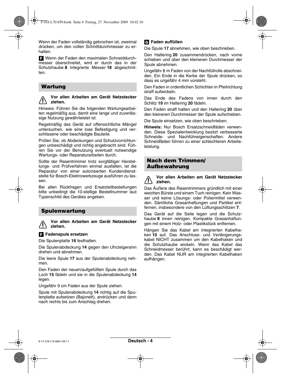 Wartung spulenwartung, Nach dem trimmen/ aufbewahrung | Bosch ART 23 EASYTRIM User Manual | Page 9 / 164