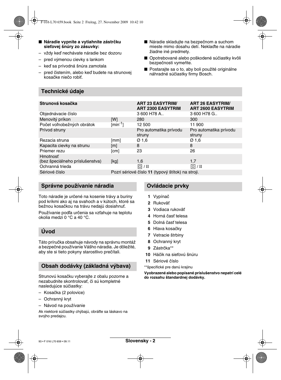 Technické údaje | Bosch ART 23 EASYTRIM User Manual | Page 93 / 164