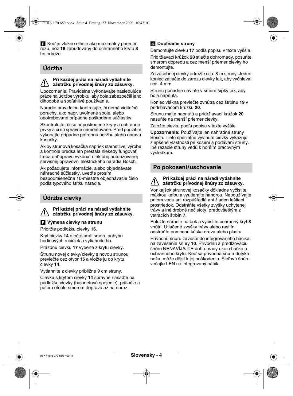 Údrïba údrïba cievky, Po pokosení/uschovanie | Bosch ART 23 EASYTRIM User Manual | Page 95 / 164