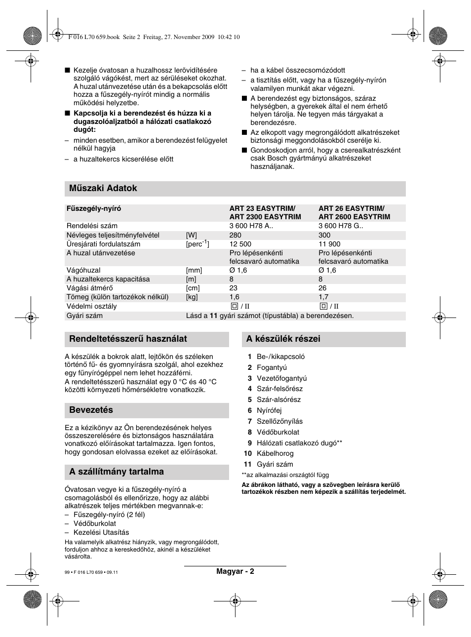 Mæszaki adatok | Bosch ART 23 EASYTRIM User Manual | Page 99 / 164