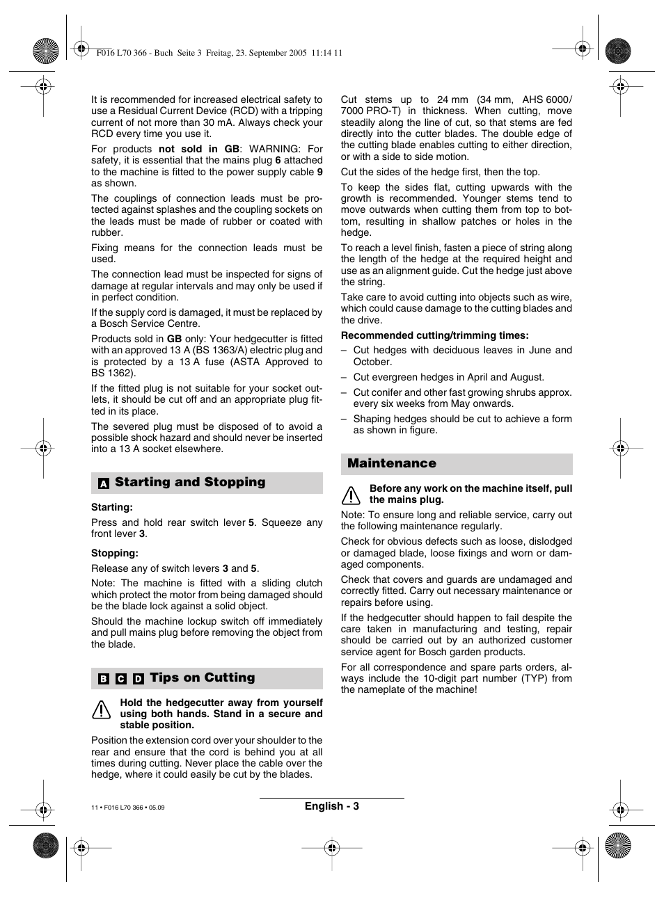 Starting and stopping tips on cutting, Maintenance | Bosch AHS 550-24 ST User Manual | Page 11 / 69