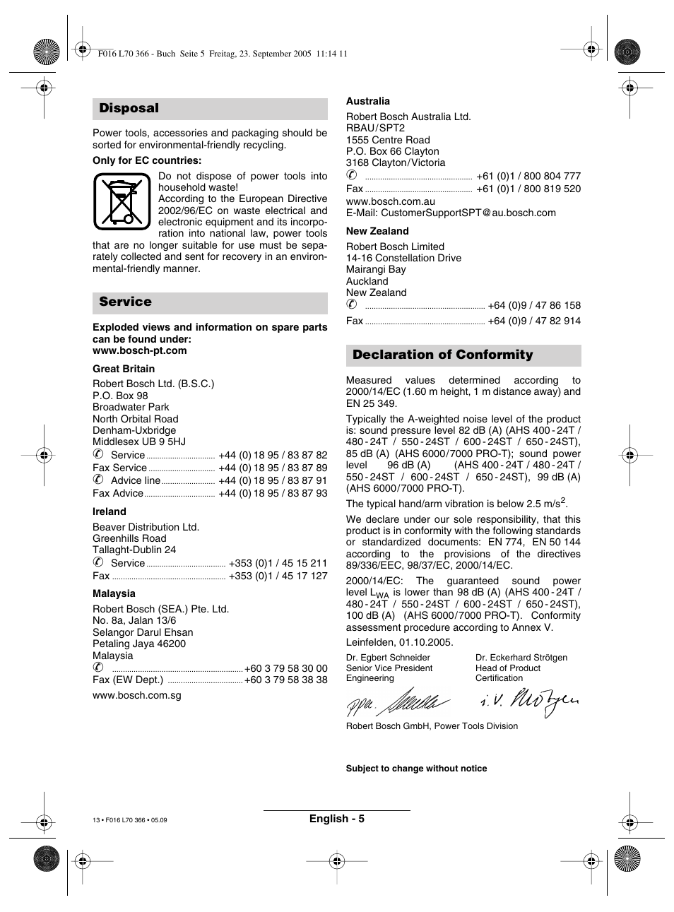 Disposal service declaration of conformity | Bosch AHS 550-24 ST User Manual | Page 13 / 69