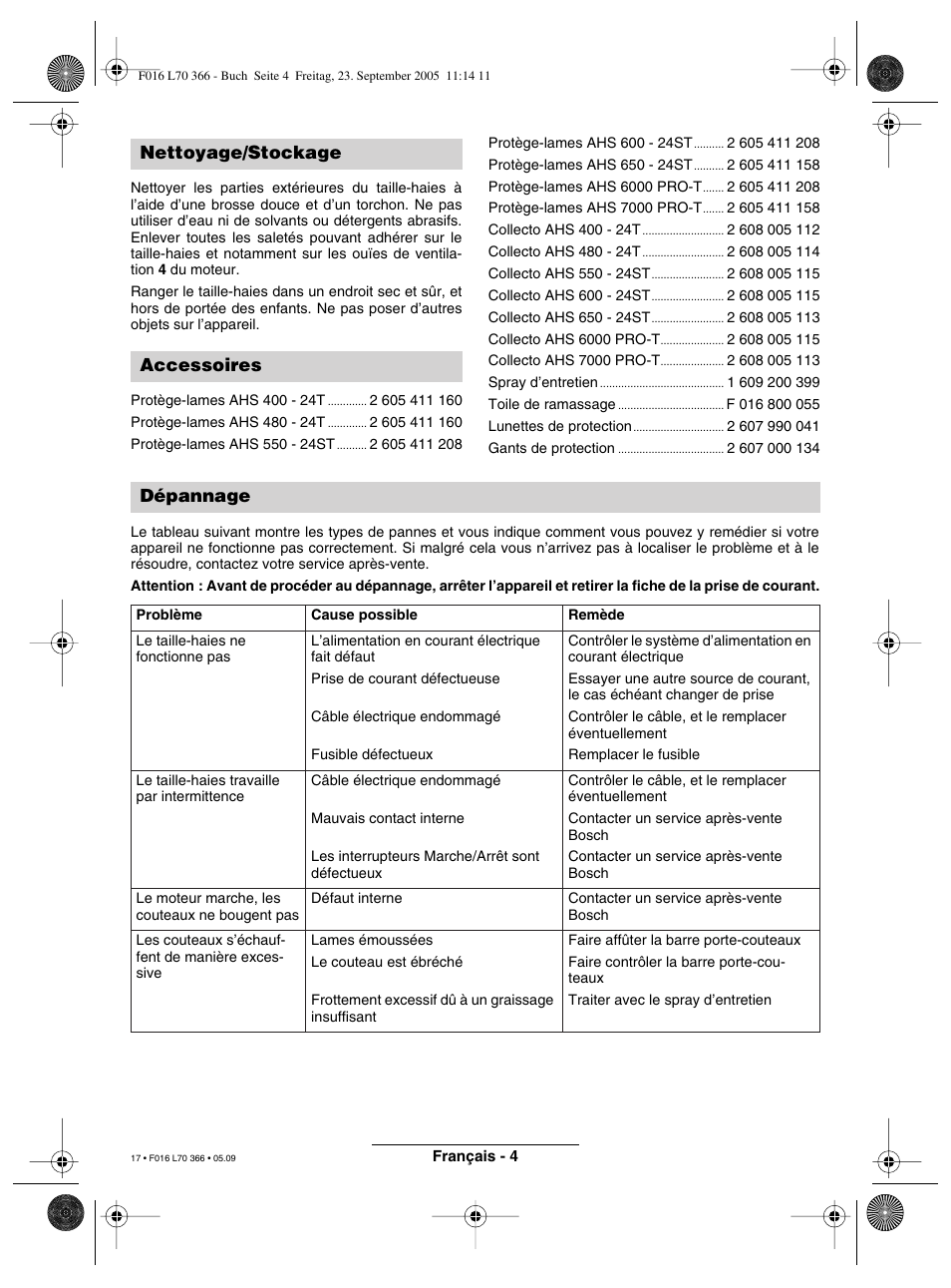 Nettoyage/stockage accessoires dépannage | Bosch AHS 550-24 ST User Manual | Page 17 / 69