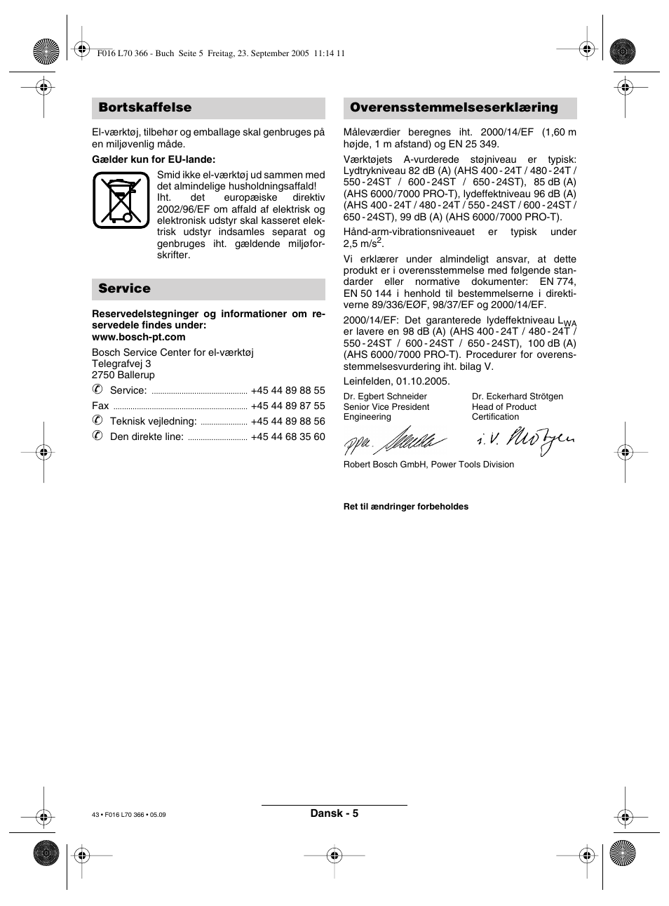 Bortskaffelse service overensstemmelseserklæring | Bosch AHS 550-24 ST User Manual | Page 43 / 69