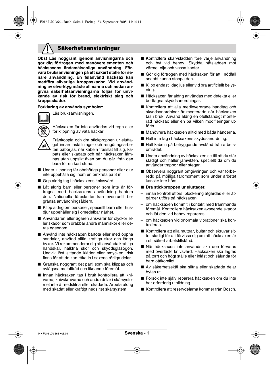 Säkerhetsanvisningar | Bosch AHS 550-24 ST User Manual | Page 44 / 69