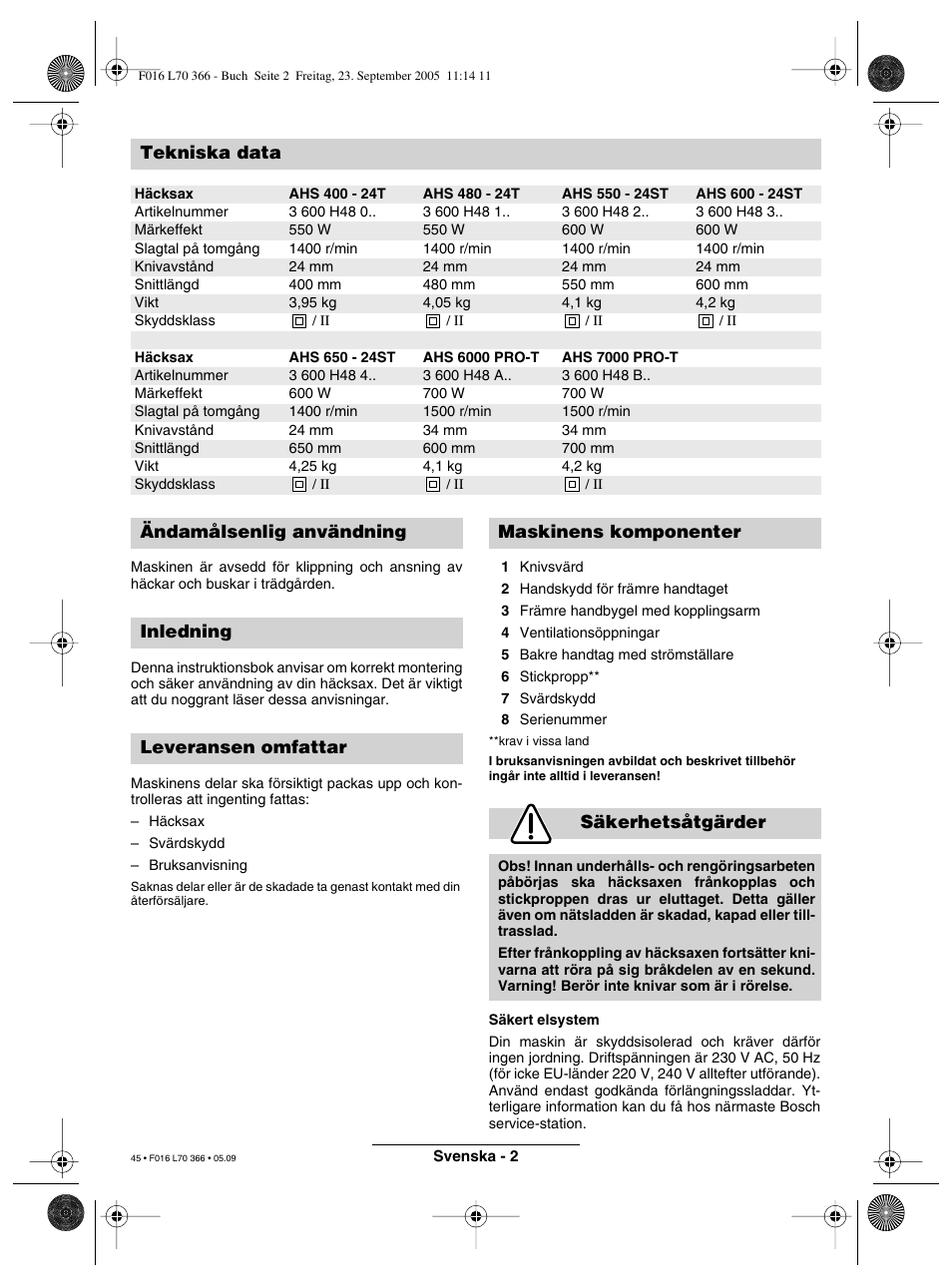 Tekniska data | Bosch AHS 550-24 ST User Manual | Page 45 / 69