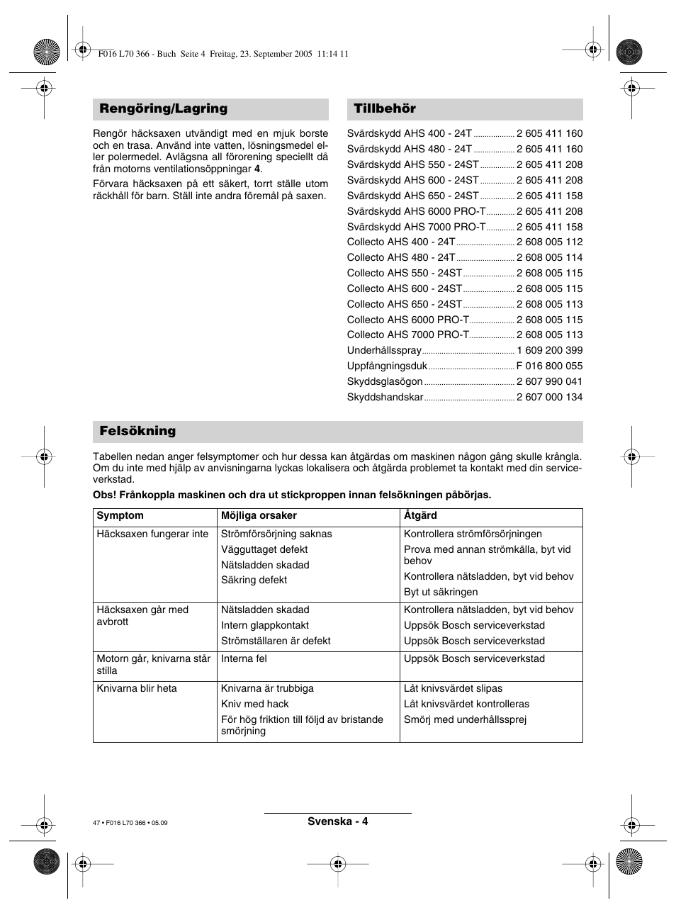 Rengöring/lagring tillbehör felsökning | Bosch AHS 550-24 ST User Manual | Page 47 / 69