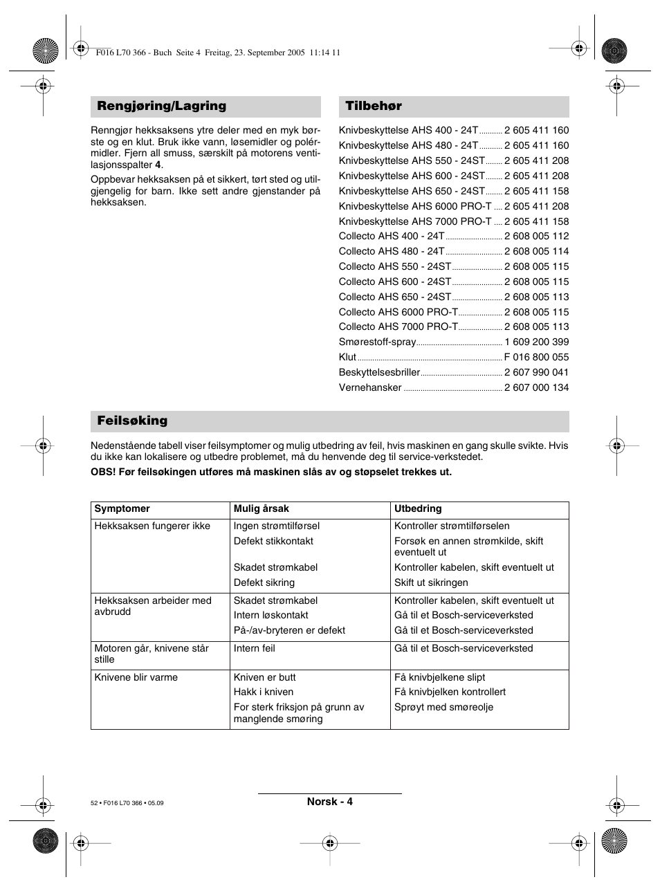 Rengjøring/lagring tilbehør feilsøking | Bosch AHS 550-24 ST User Manual | Page 52 / 69