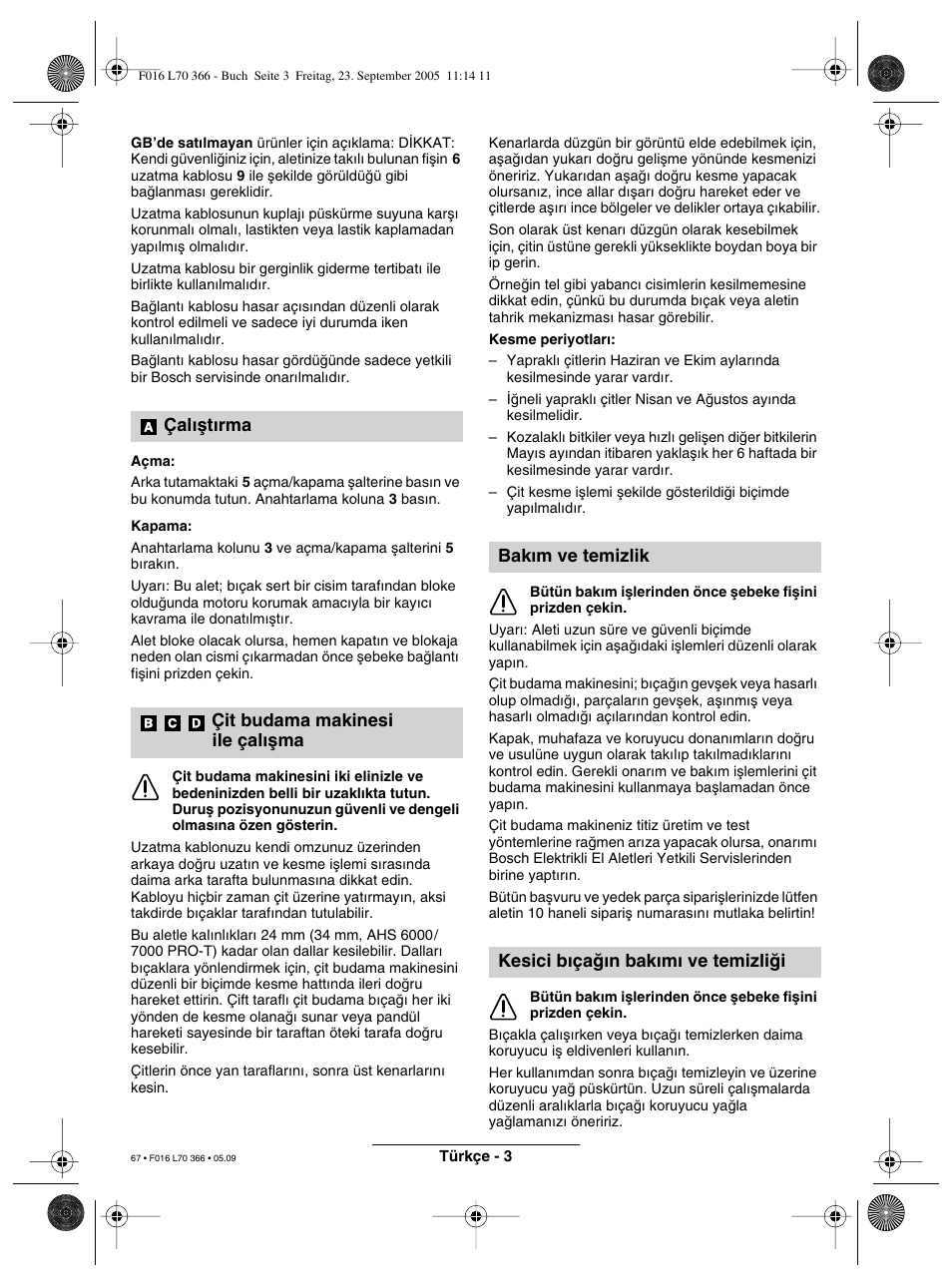 Çal∂µt∂rma çit budama makinesi ile çal∂µma | Bosch AHS 550-24 ST User Manual | Page 67 / 69