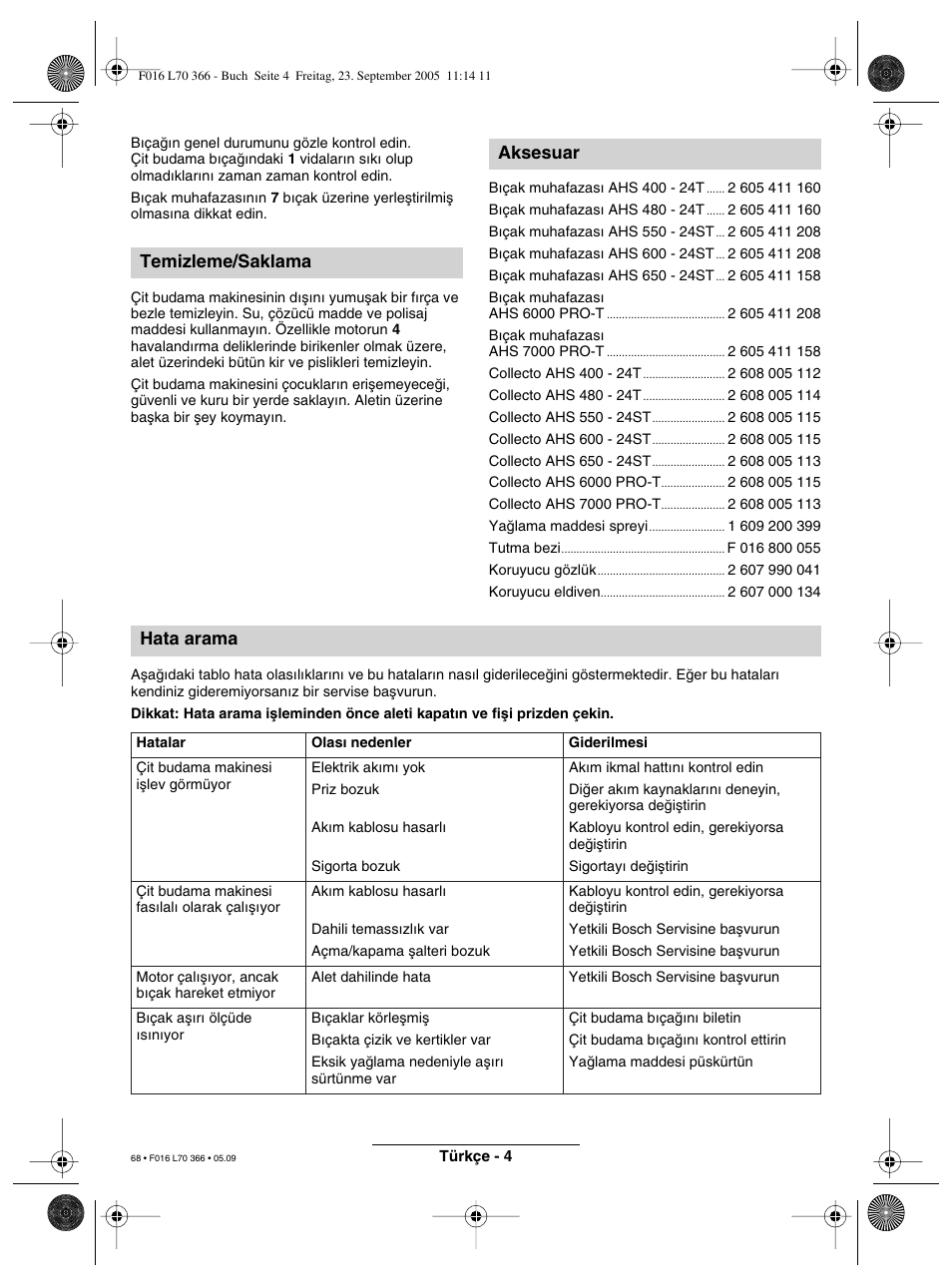 Temizleme/saklama aksesuar hata arama | Bosch AHS 550-24 ST User Manual | Page 68 / 69