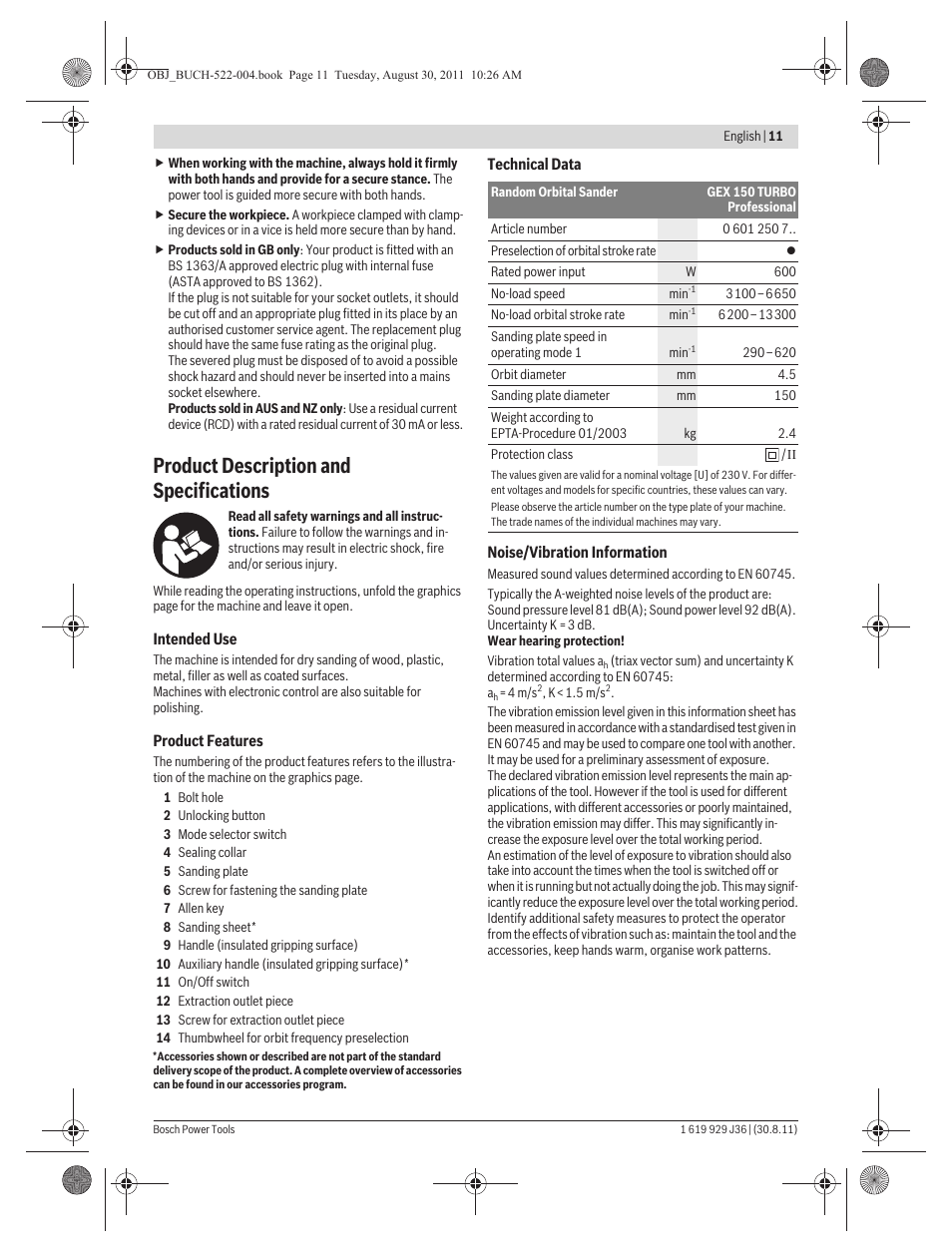 Product description and specifications | Bosch GEX 150 Turbo Professional User Manual | Page 11 / 167