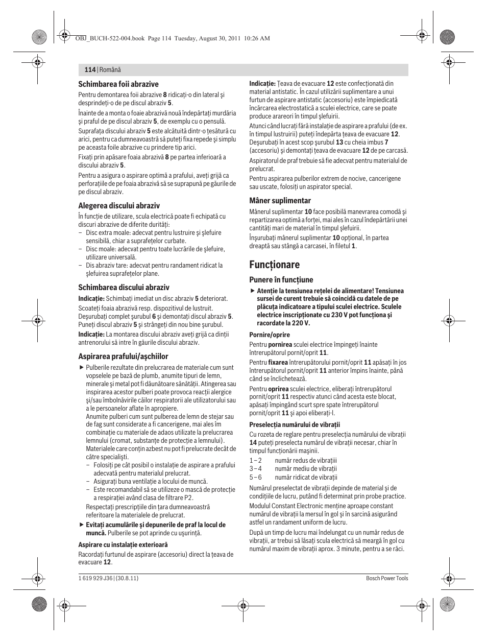 Funcţionare | Bosch GEX 150 Turbo Professional User Manual | Page 114 / 167