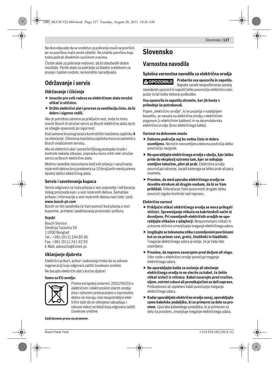 Slovensko, Održavanje i servis, Varnostna navodila | Bosch GEX 150 Turbo Professional User Manual | Page 127 / 167