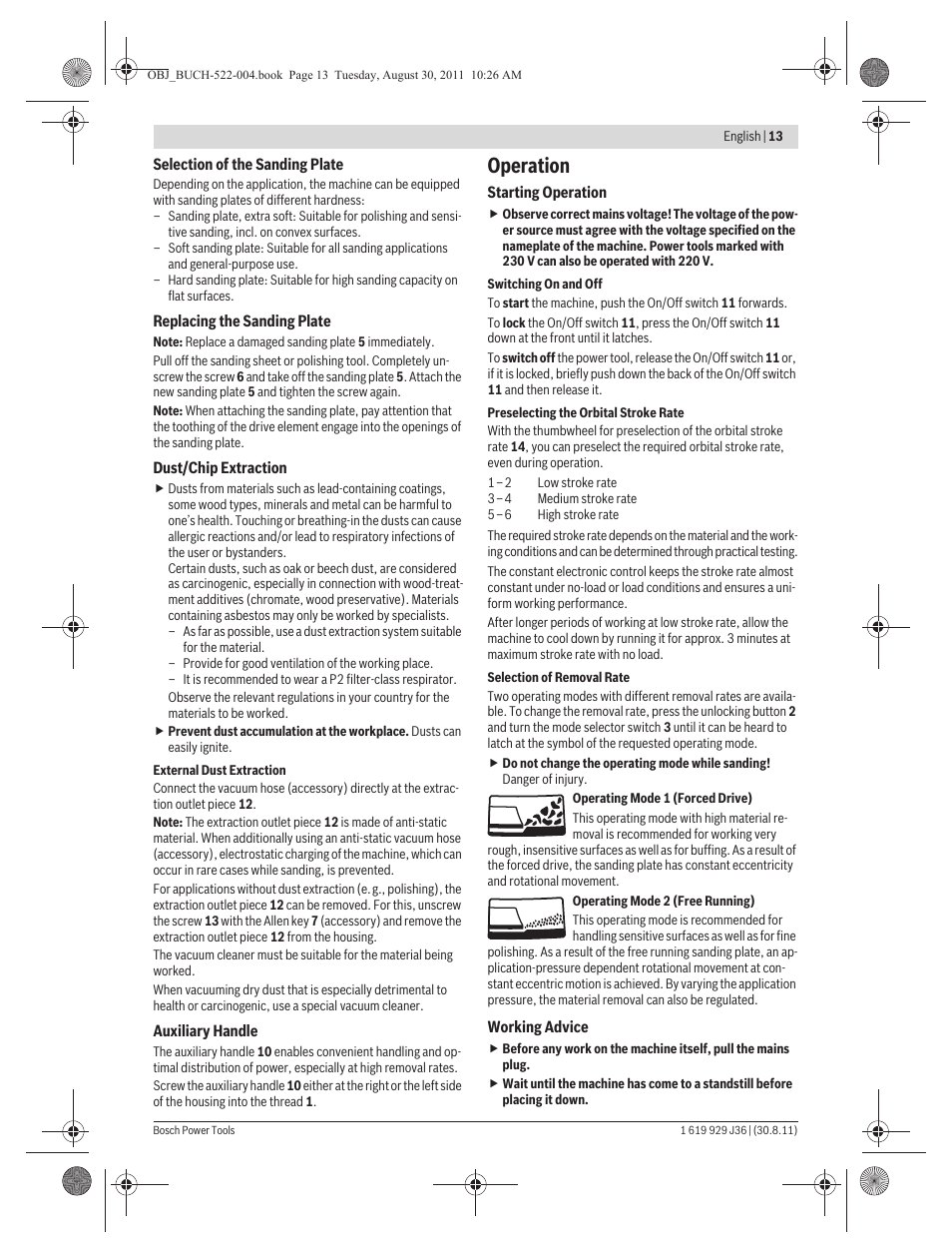 Operation | Bosch GEX 150 Turbo Professional User Manual | Page 13 / 167