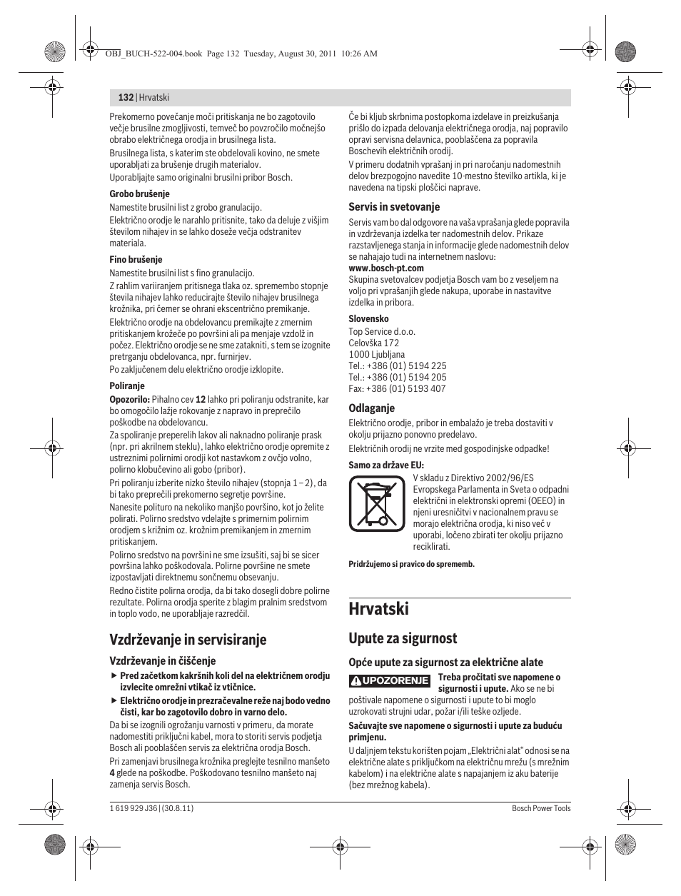 Hrvatski, Vzdrževanje in servisiranje, Upute za sigurnost | Bosch GEX 150 Turbo Professional User Manual | Page 132 / 167