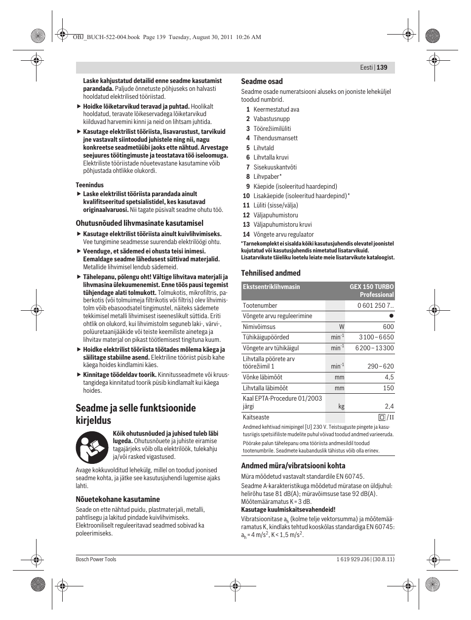 Seadme ja selle funktsioonide kirjeldus | Bosch GEX 150 Turbo Professional User Manual | Page 139 / 167