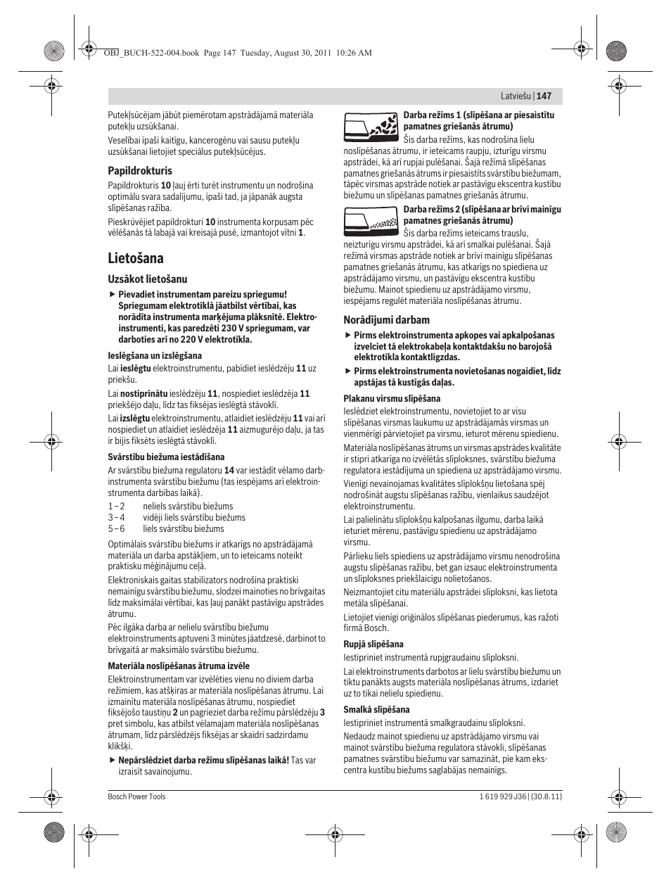 Lietošana | Bosch GEX 150 Turbo Professional User Manual | Page 147 / 167