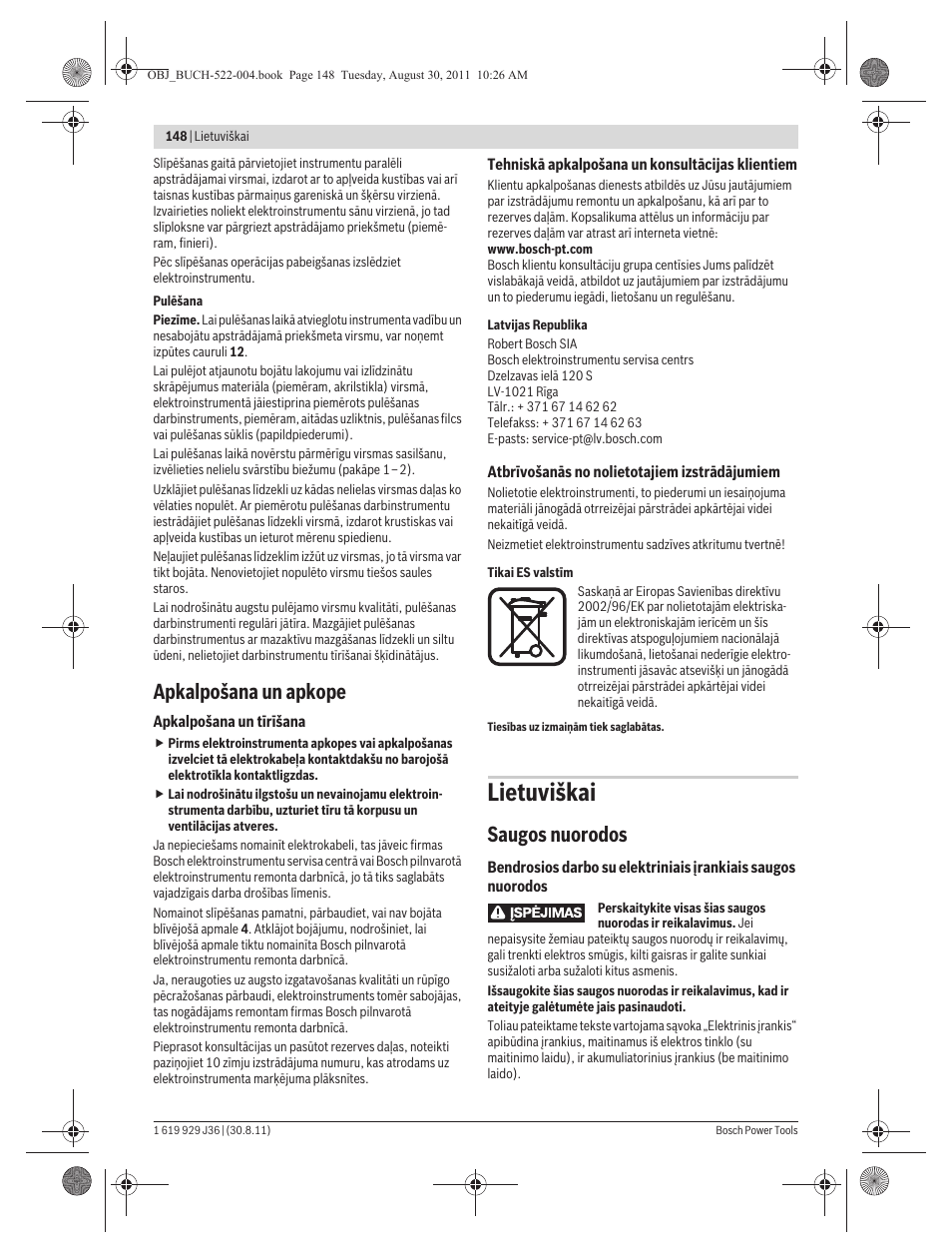 Lietuviškai, Apkalpošana un apkope, Saugos nuorodos | Bosch GEX 150 Turbo Professional User Manual | Page 148 / 167