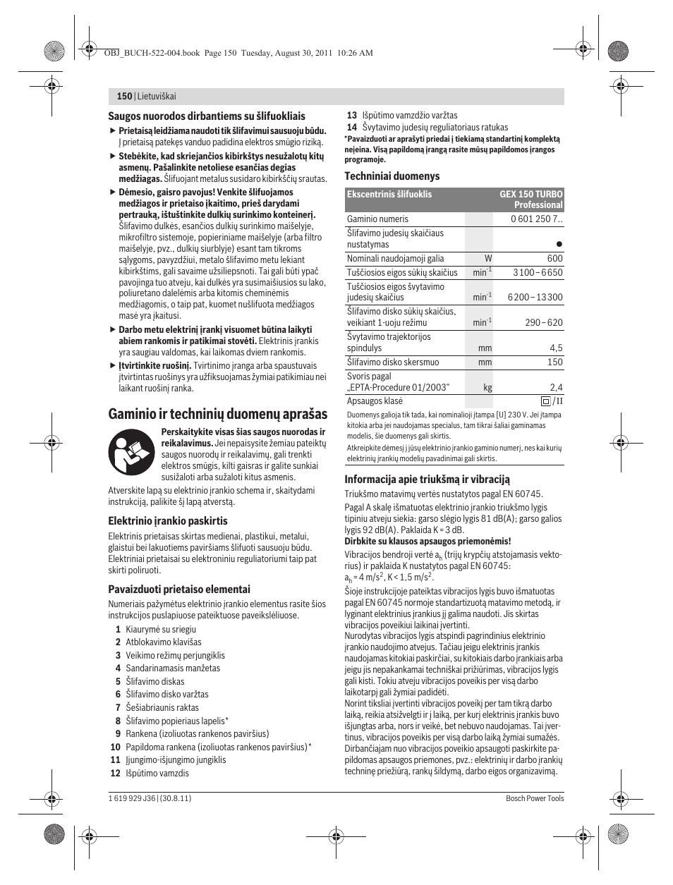 Gaminio ir techninių duomenų aprašas | Bosch GEX 150 Turbo Professional User Manual | Page 150 / 167